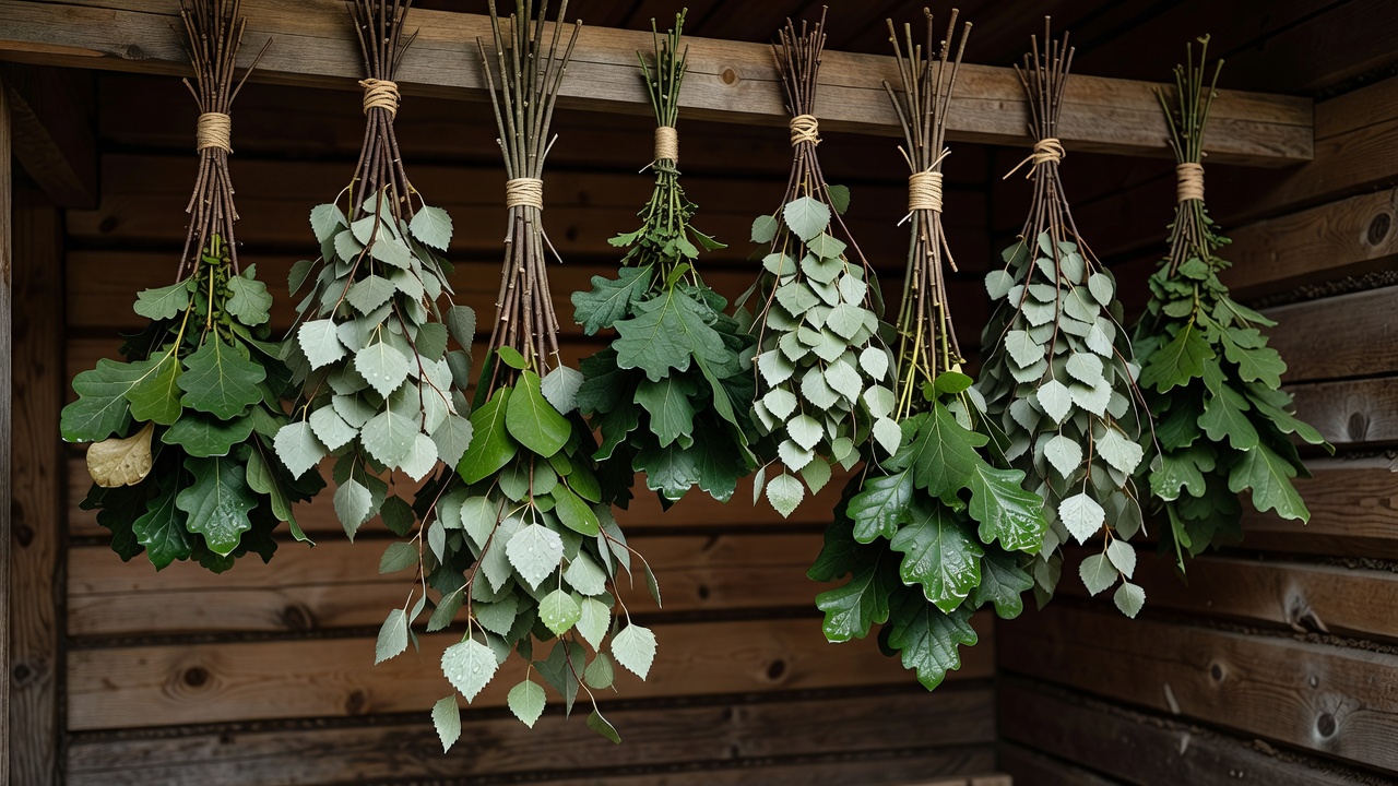 Bundled fresh silver birch and oak sauna whisks hanging to dry