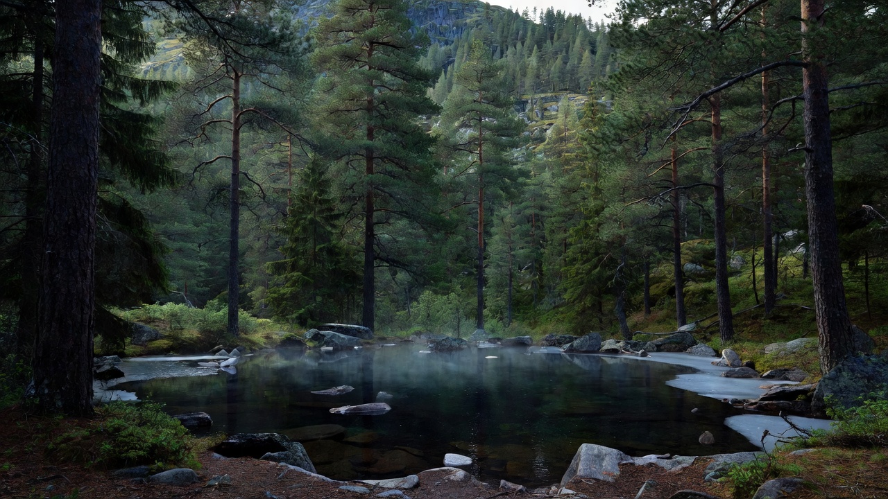 Cold mountain plunge pool surrounded by dense Nordic pine trees