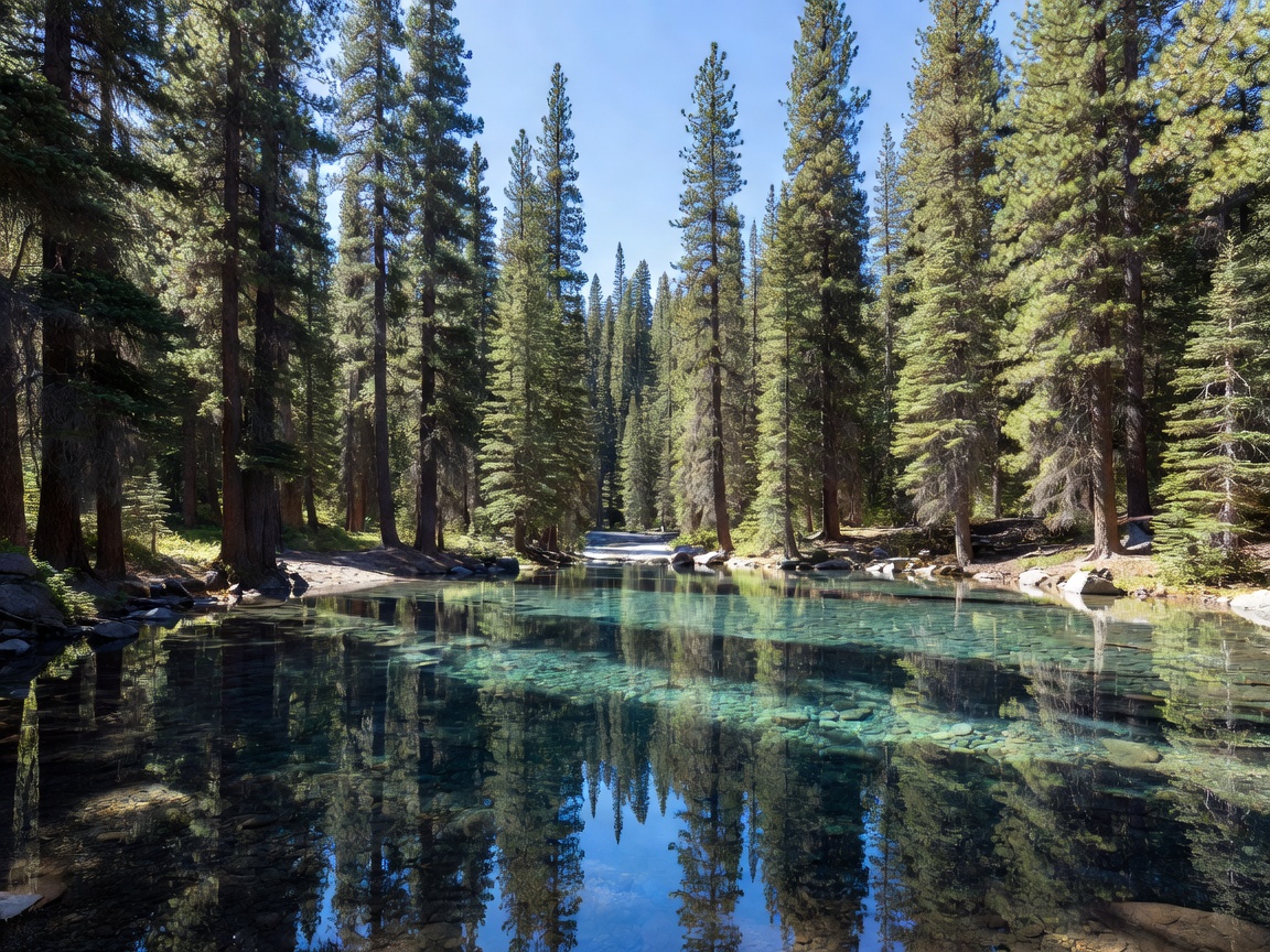 Crystal clear mountain plunge basin surrounded by pine forest