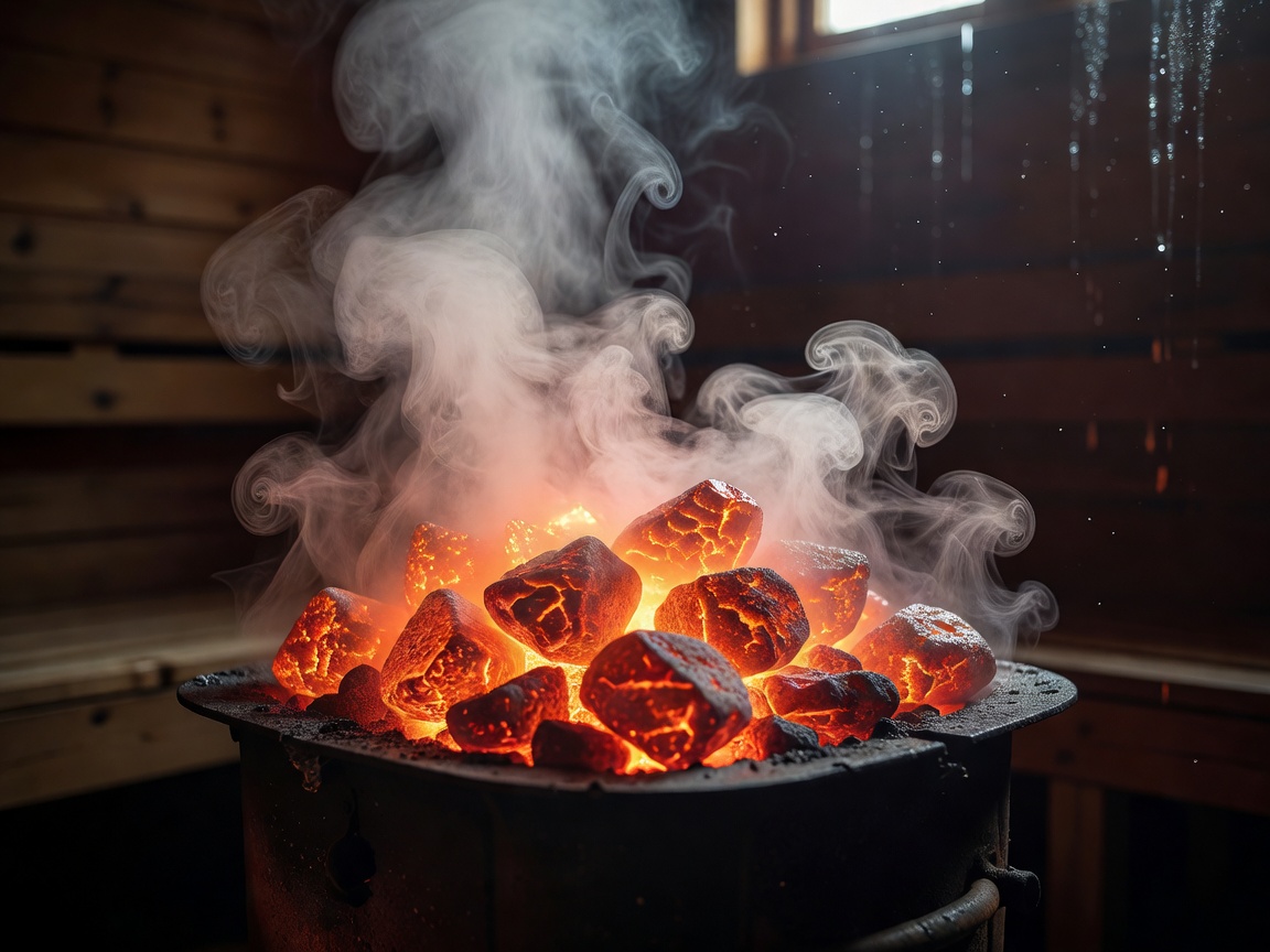 Glowing hot sauna stove rocks with rising steam löyly