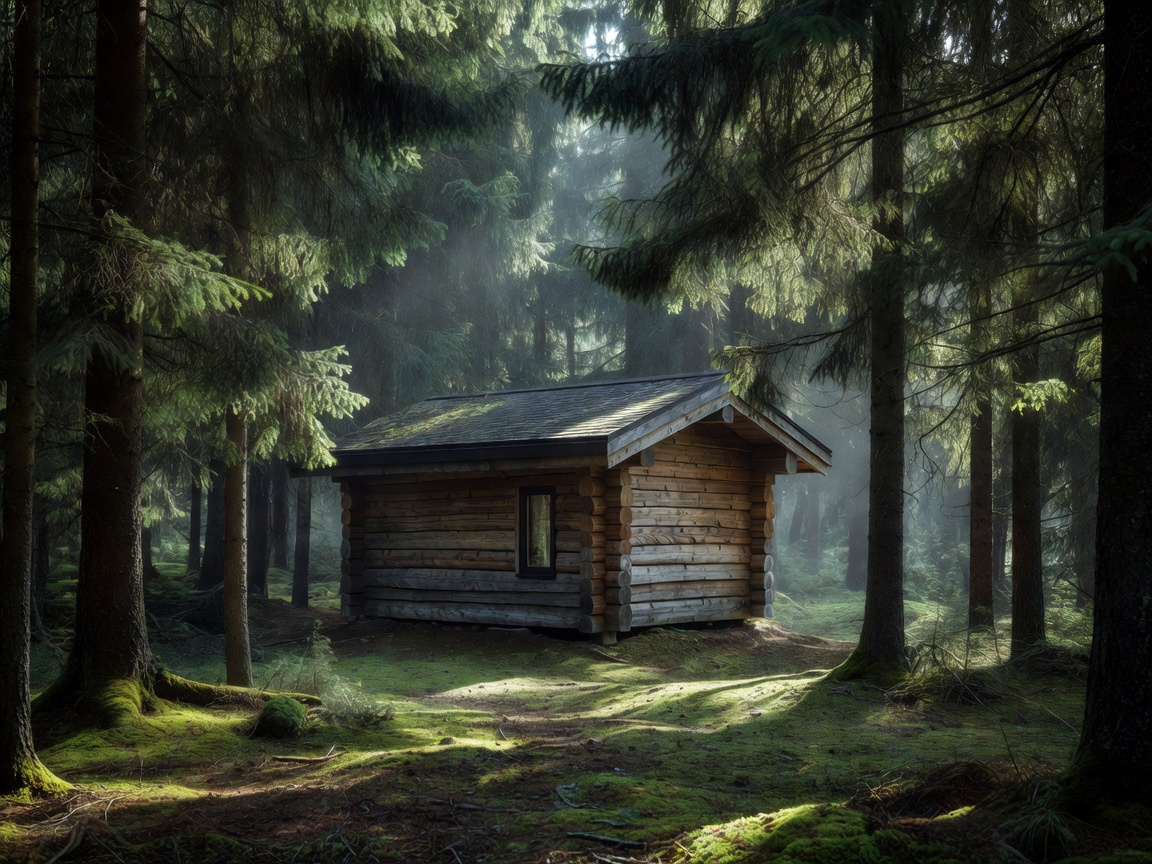 Kuusi Micro-Timber Cabin in dense spruce woods