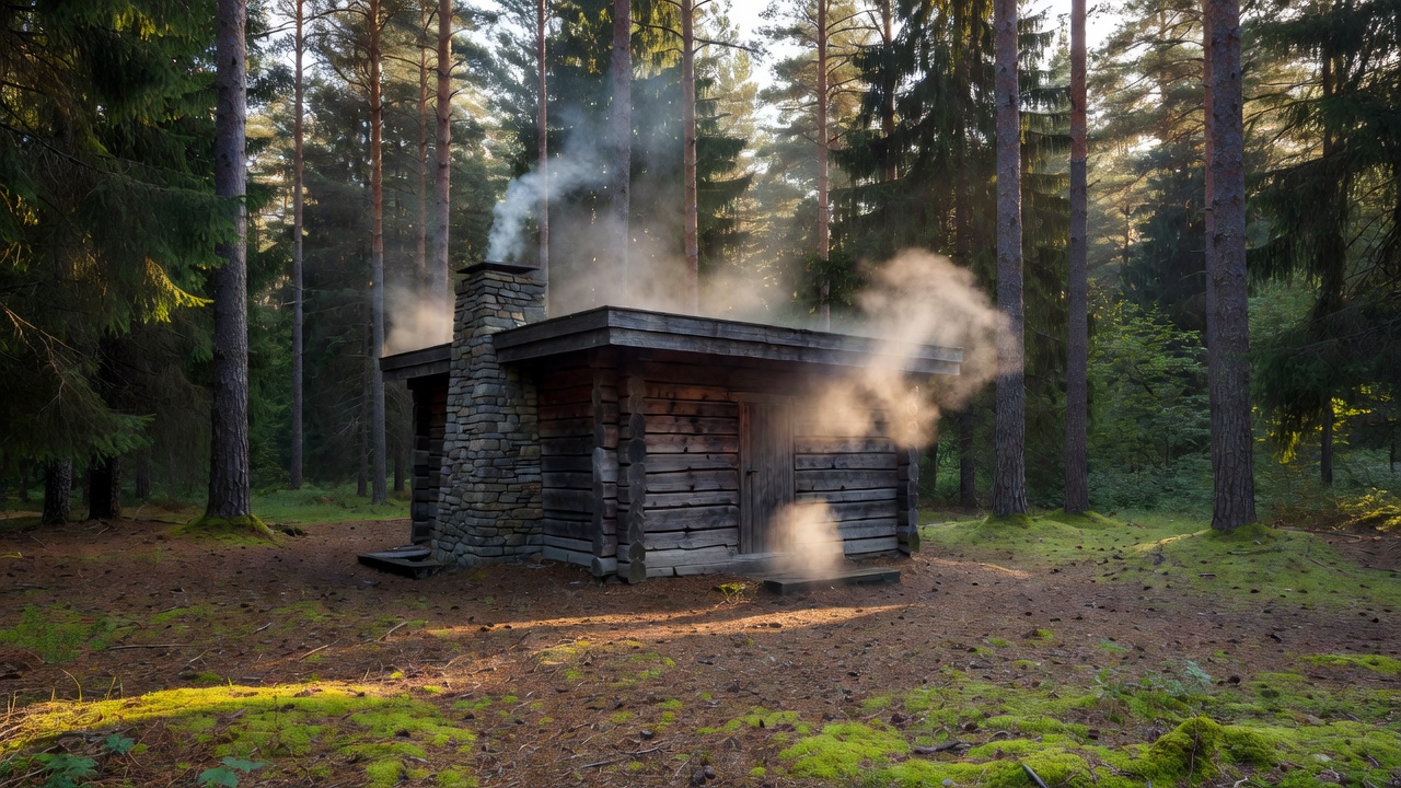 Latvian Pirts Sauna Pavilion in scenic pine wood clearing