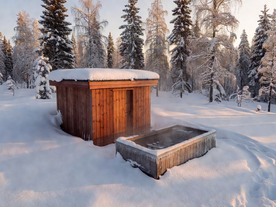 Nordic Plunge and Cedar Cube Sauna Cabin surrounded by snow