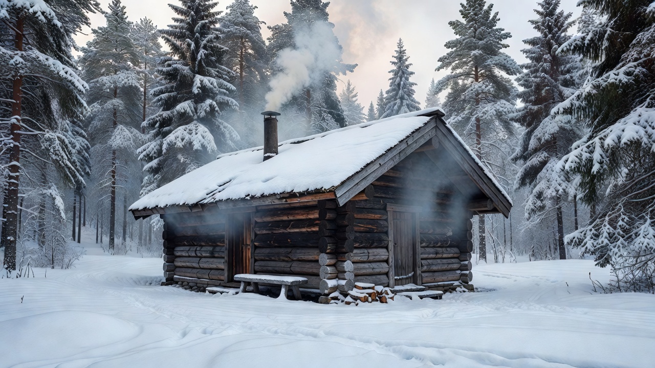 Rustic Baltic smoke sauna cabin immersed in snowy evergreen forest