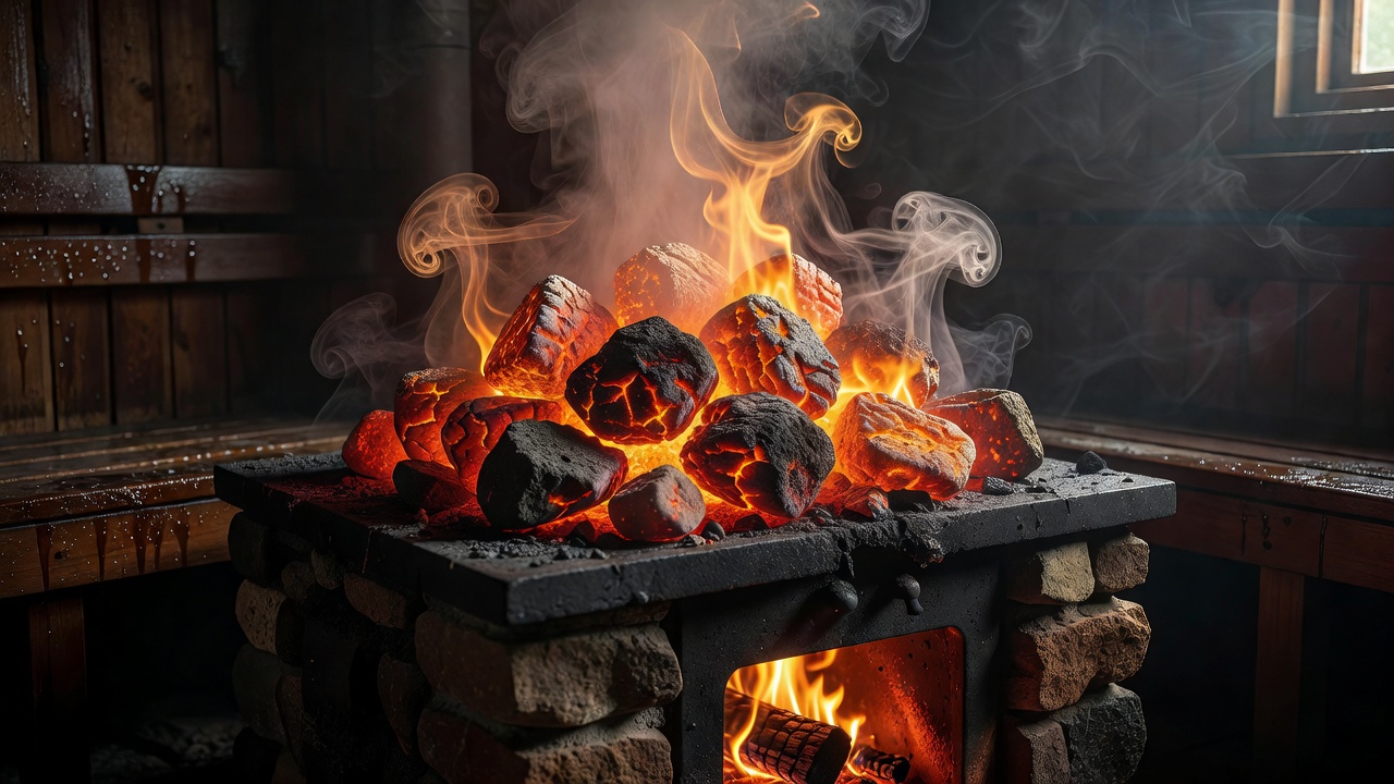 Superheated stones in a wood-fired sauna stove with rising radiant steam